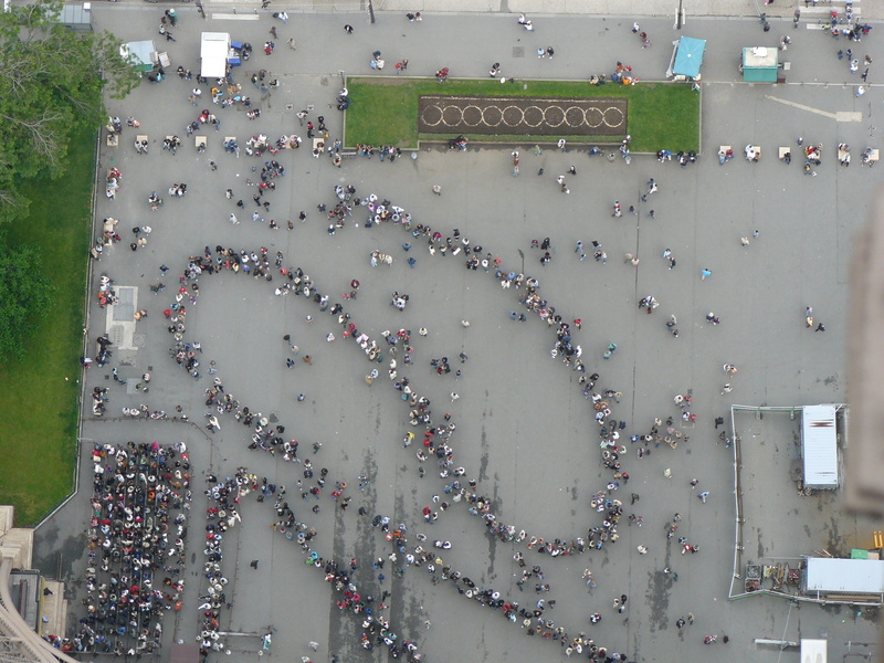 outdoors, daytime, transportation, crowd, near, architecture, to visit, aerial, person, Eiffel Tower, incidental people, high angle view, guide, queuing to visit