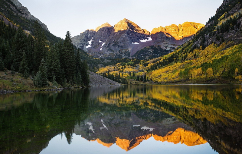 snow, 1080P, bells, colorado, mountains, lake, reflection, maroon, forest, aspen, autumn