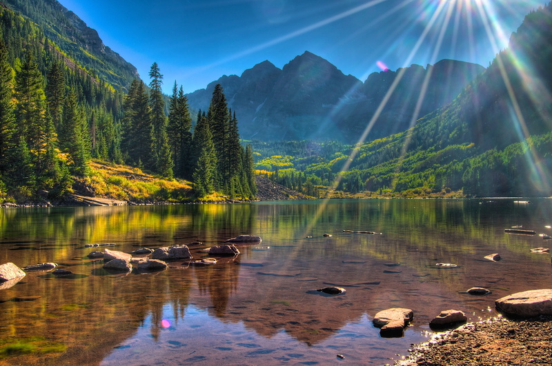 colorado, maroon, usa, bells, lake, forest, 4K, sun, sunlight, mountains