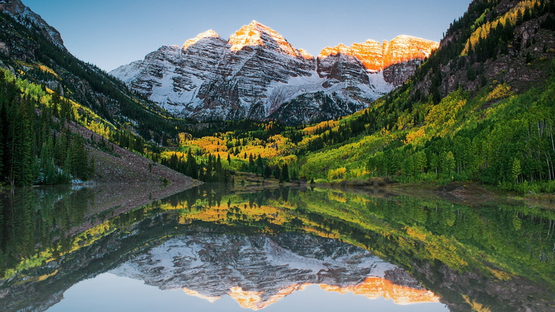 mountain lake, maroon lake, pine tree, coniferous tree, plant, pine woodland, autumn, land, lake, scenics - nature, maroon peak, north maroon peak, idyllic