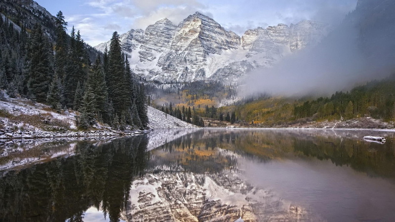 foggy, no people, water, colorado, united states, tree, formation, cold temperature, beauty in nature, scenics - nature, aspen, mountain, plant, reflection