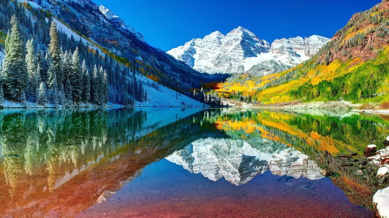 Mountain, Snow, 1080P, Mountains, Colorado, Reflection, Maroon Lake, Maroon Bells