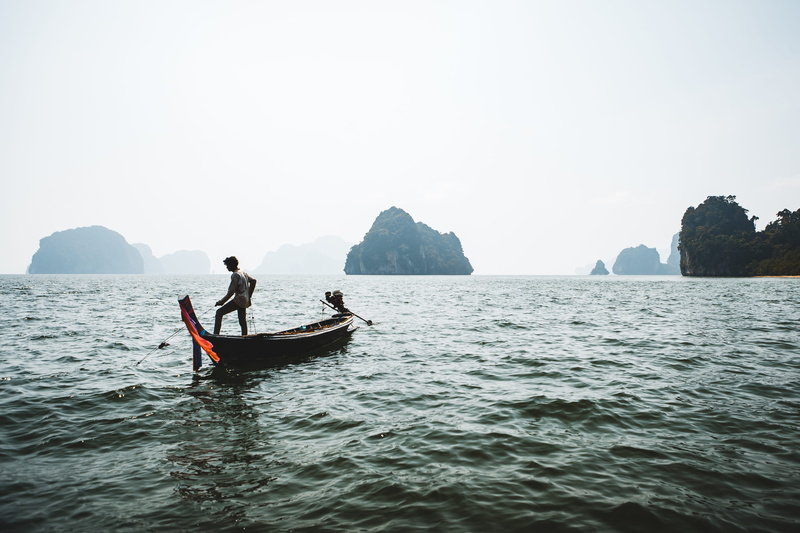mode of transportation, sea, canoe, water, leisure activity, 2K, beauty in nature, thailand, cliffs, clear sky, ocean, scenics - nature, outdoors, boy