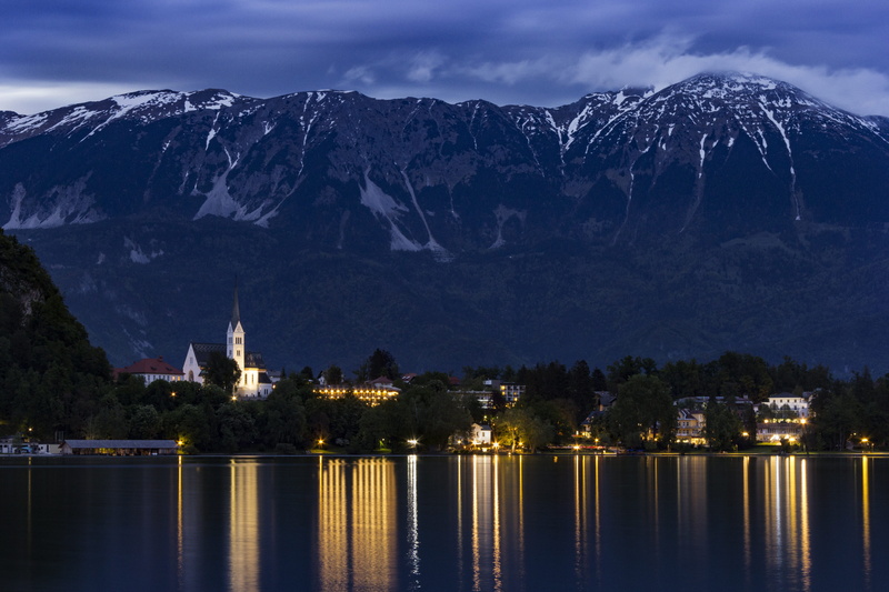 religion, near, slovenia, travel destinations, water, night, architecture, buildings, sky, no people, bled, reflection, photo, building exterior, lights