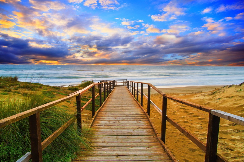 Beach, Ocean, Walkway, Path, Horizon, Sunset, Man Made, 1080P