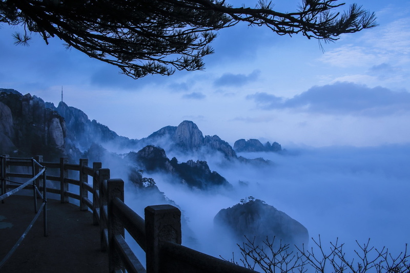 beauty in nature, tranquil scene, 1080P, scenics - nature, mist, plant, mountain range, cold temperature, landscape, China, nature, railing, non-urban scene