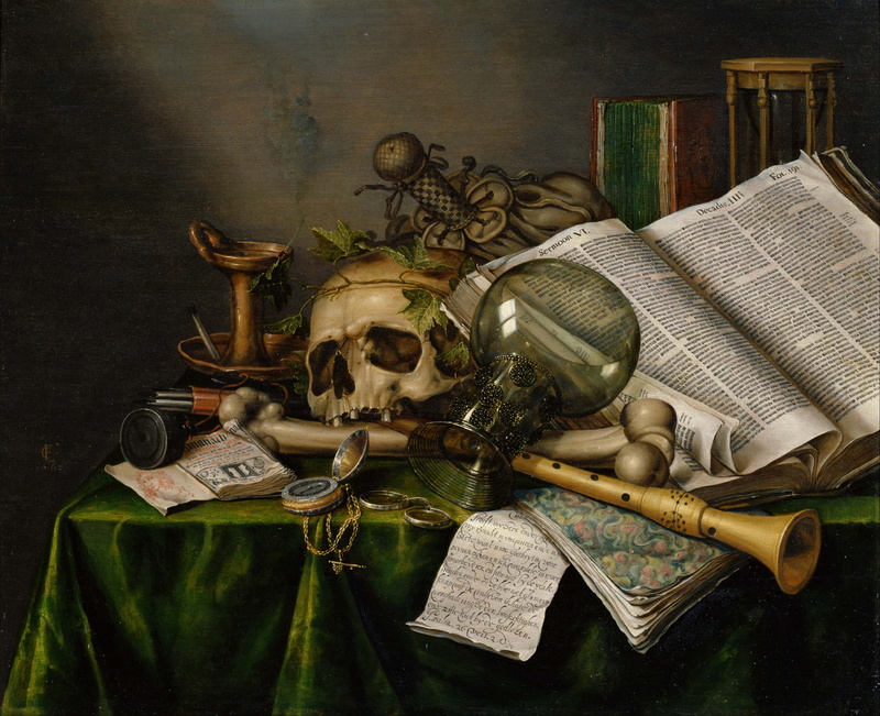 skull, human skeleton, equipment, still life, table, male likeness, no people, human representation, Evert Collier, representation, bone, indoors, still life with books