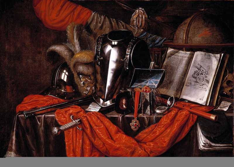 gun, table, stack, variation, Edwaert Collier, no people, food and drink, household equipment, large group of objects, indoors, choice, aggression, representation
