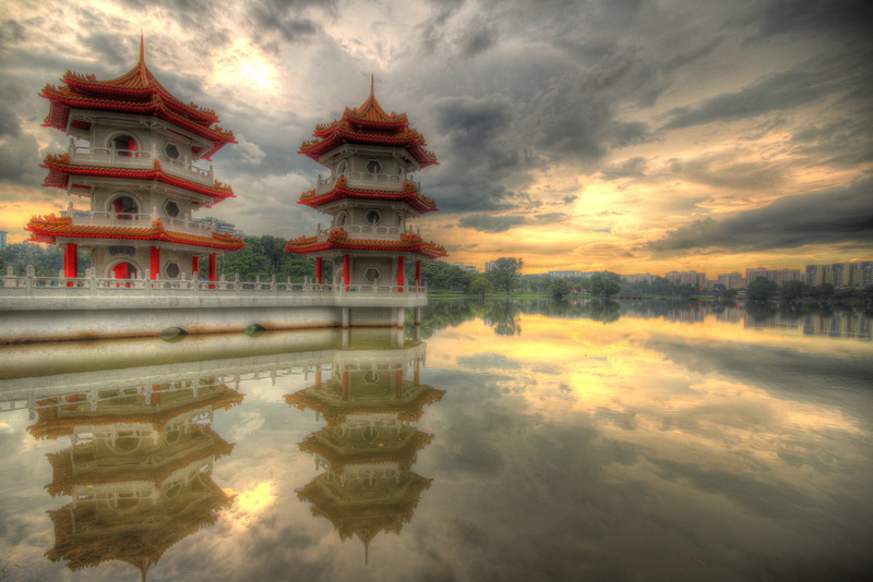 tranquility, sky, travel destinations, concrete, architecture, no people, clouds, 5K, outdoors, building exterior, pagoda, lake, Singapore, orange, place of worship