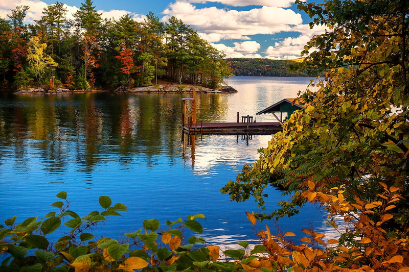 1080P, autumn, island, Lake George, branches, lake, New York, trees, Marina