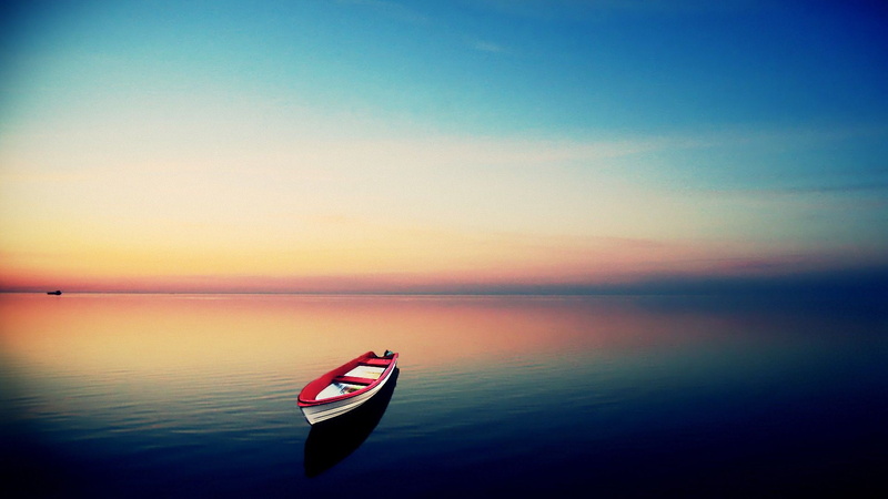 sea, sunrise, hd, blue, 1080P, rowboat, yellow, red, empty