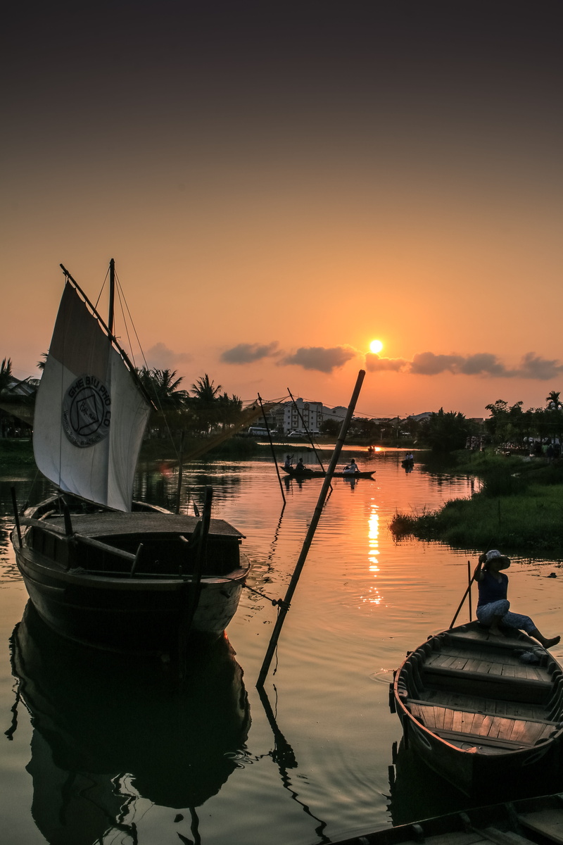 orange color, sun, dusk, moored, sky, tranquility, nature, travel, reflection, 5K, vehicle, transportation system, transportation, water, evening, no people