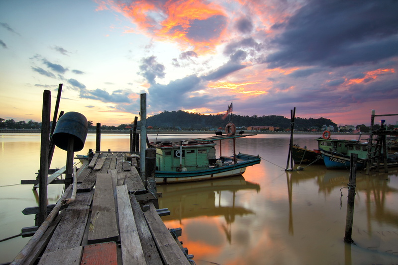 architecture, no people, river, transportation, dawn, 5K, orange color, calm waters, sea, wooden post, nature, cloud - sky, outdoors, canal, built structure