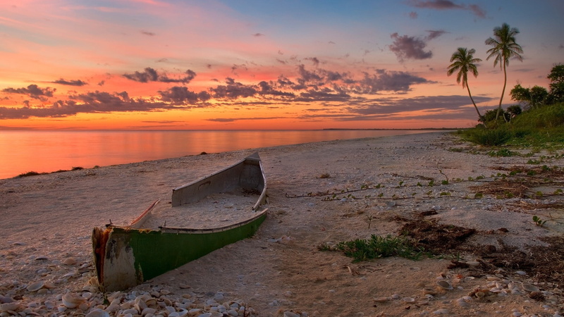landscape, 1080P, no people, sea, horizon over water, water, boat, orange color, cloud - sky, nature, transportation, palm trees, beauty in nature, rowboat