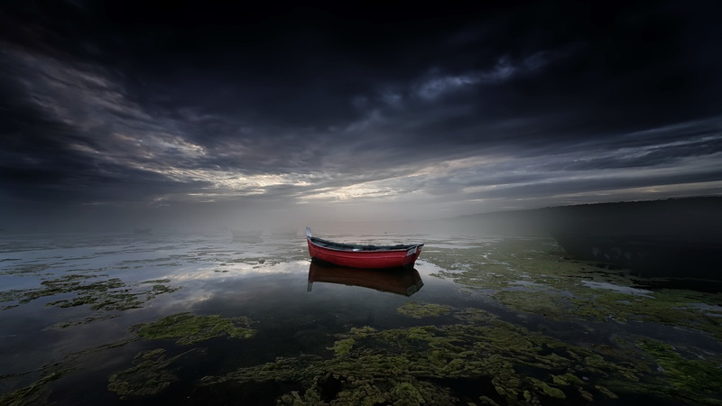 overcast, sea, sky, 1080P, no people, tranquility, rowboat, vehicle, beauty in nature, cloud - sky, land, beach, water, nature, tranquil scene, scenics - nature