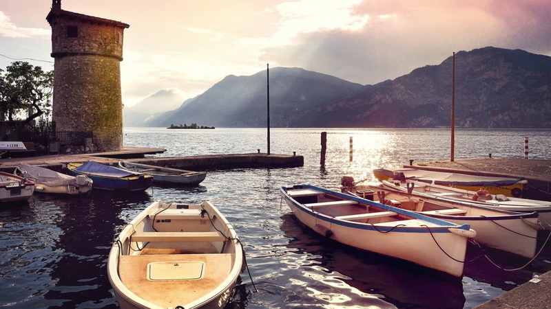 nature, tranquil scene, beauty in nature, lake, architecture, dock, 720P, sky, reflection, moored, scenics - nature, rowboat, nautical vessel, mountain