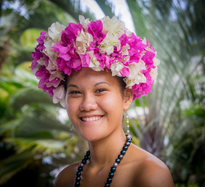 day, nuva hiva, focus on foreground, young women, beautiful lady, marquesas islands, front view, floral head dress, wearing, french polynesia, flower, pink color