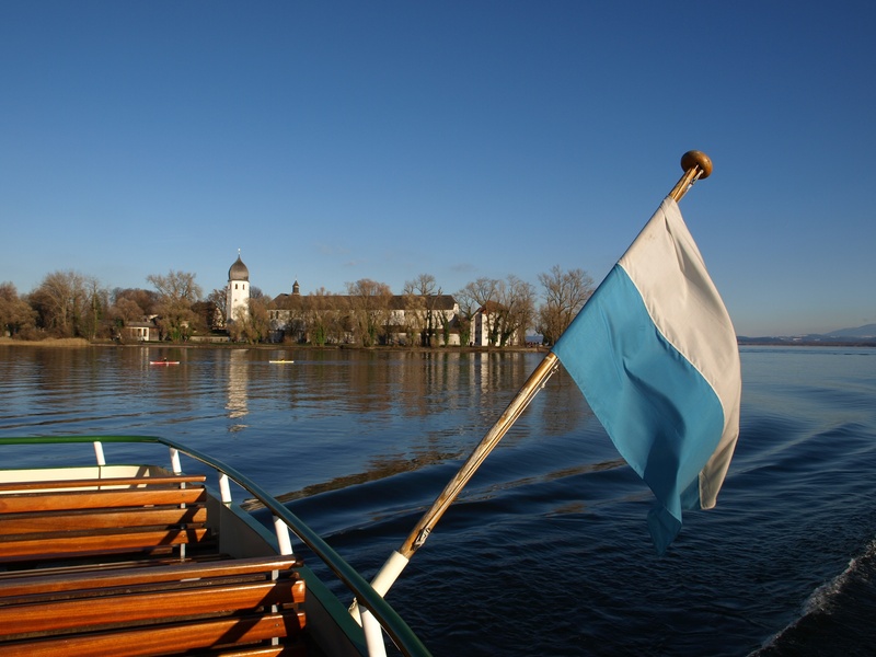 ladies island, copy space, no people, blue, bavaria, outdoors, beauty in nature, 2K, transportation, architecture, nature, sky, clear sky, chiemsee, lake