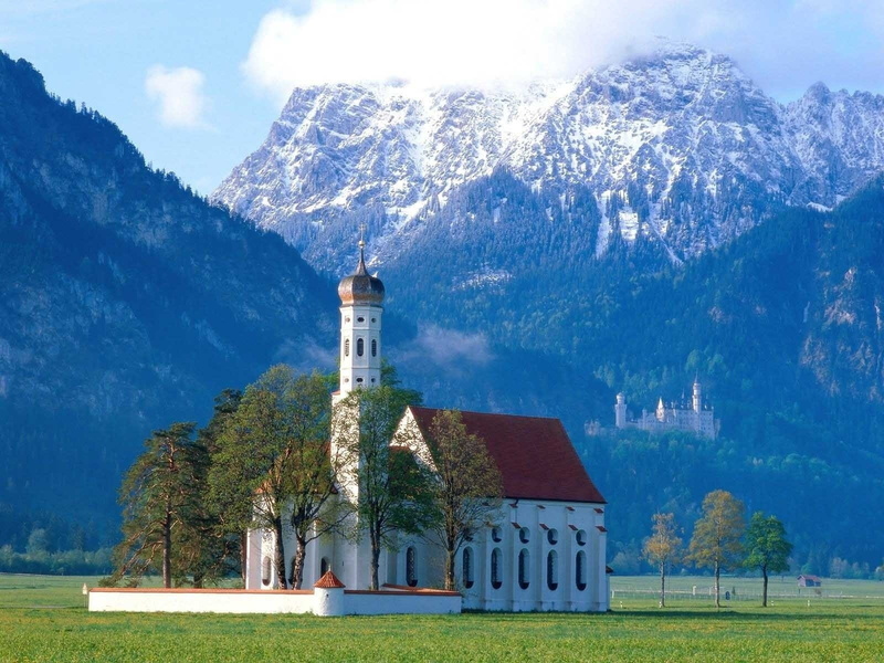 Bavaria, Germany, landscape, mountains, 720P, architecture, church