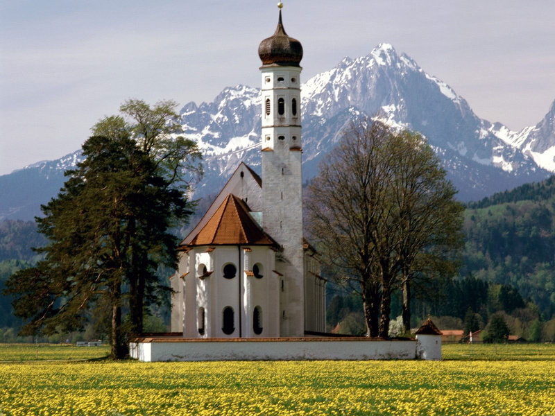 mountain, Bavaria, spire, place of worship, sky, religion, nature, church, trees, outdoors, tree, land, day, architecture, spirituality, snowcapped mountain