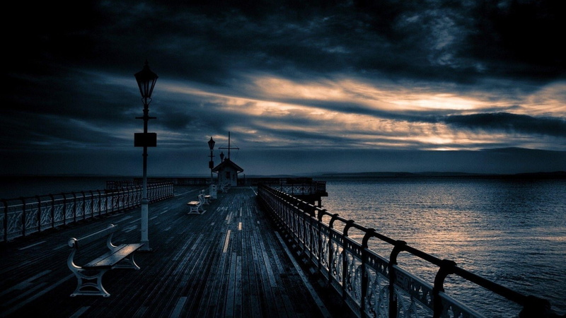 darkness, sea, sky, cloud - sky, no people, evening, dusk, the way forward, twilight, water, built structure, street light, jetty, outdoors, 1080P, horizon over water