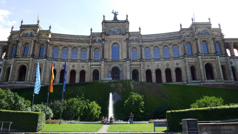 sky, history, sightseeing, fountain, munich, facade, incidental people, plant, built structure, travel destinations, the bavarian landtag, maximilianeum