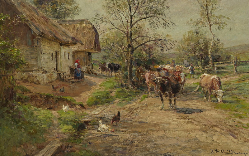 Carl Stuhlmuller, Shepherd with flock in front of the estate, German painter, oil on canvas, Cowherd with herd in front of farm homestead, 2K, Cowherd with the herd in front of farmhouse