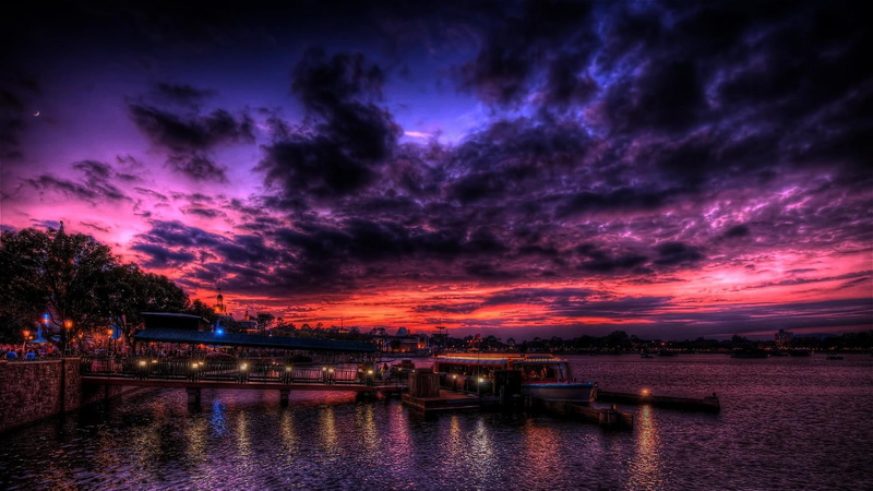 clouds, tranquil scene, boat, lights, sky, dock, reflection, lake, built structure, tranquility, night, purple, nature, cloud - sky, sunset, pier, scenics - nature