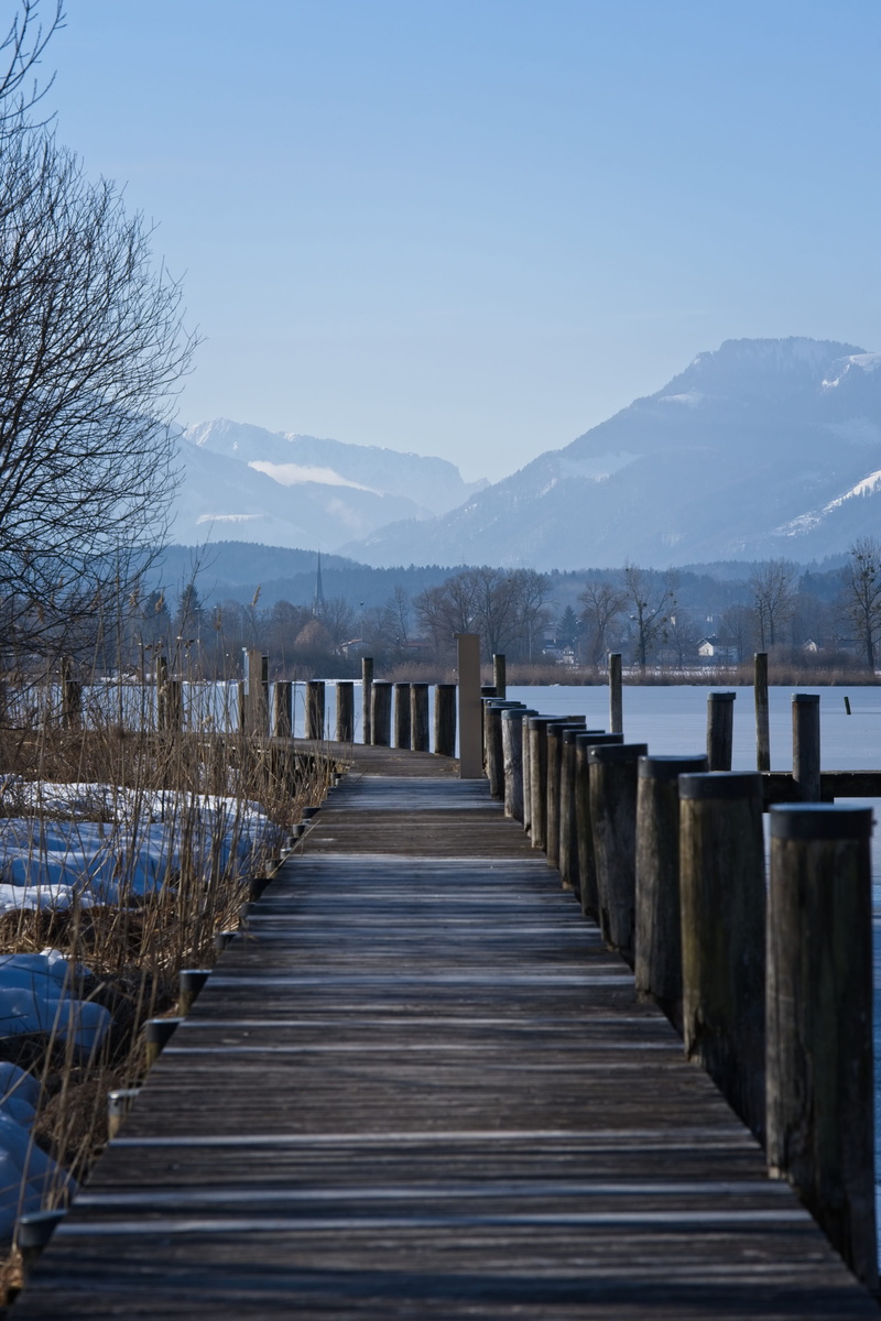 upper bavaria, tranquility, beauty in nature, wintry, sky, mountain range, 5K, outdoors, boardwalk, built structure, nature, landscape, cold temperature