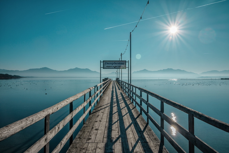 landscape, vacations, lake, scenics - nature, sunlight, no people, distant, jetty, anchorage, shipping, mountain range, outdoors, railing, chiemsee, mountain