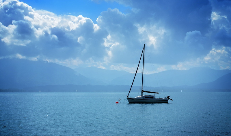 lake, chiemsee, mood, mirroring, daytime, mode of transportation, tranquil scene, sailing boat, water, clouds, beauty in nature, travel, blue, 2K, white