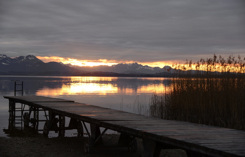 pier, no people, waters, abendstimmung, non-urban scene, nature, sunset, mountain, idyllic, cloud - sky, lake, bavaria, mood, orange color, tranquility