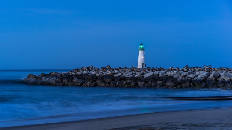 united states, evening, lighthouse, water, shore, wave, ocean, breakwater, blue landscape, headland, no people, usa, building, guidance, direction, california