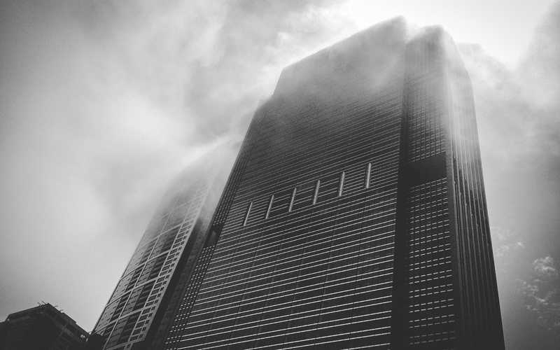 bose, low angle view, office, day, monochrome, built structure, speaker, no people, office building exterior, fog, gray, skyscraper, outdoors, cloud - sky