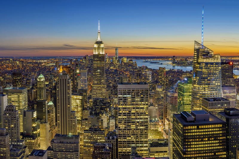 sunset, skyline, urban Scene, skyscraper, cityscape, tall - high, manhattan - New York City, city Life, sky, buildings, office Building, uSA, tourism, landscape