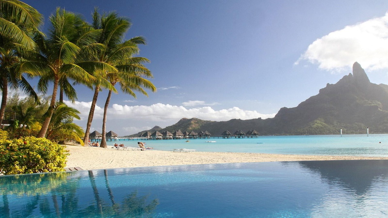 tropics, bora bora, mount otemanu, tranquility, tranquil scene, sea, sky, summer, coast, beach, vacation, tree, trip, idyllic, body of water, cloud - sky