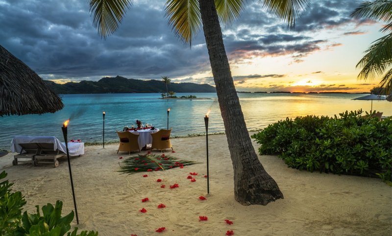 French Polynesia, travel, Bora Bora, 2K, booking, sunset, beach, dinner, torch, rest, 4k, vacation, ocean, palm trees, fire