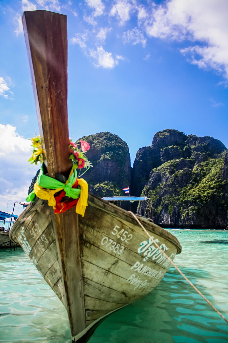exotic, boat, no people, outdoors, scenics - nature, blue, flower, isalnd, thailand, wood - material, nature, water, maya bay, travel, ocean, mountains