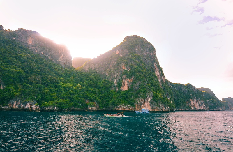 land, beauty in nature, asia, tranquil scene, boats, water, no people, mountain range, maya bay, ocean, nautical vessel, phuket, phi phi island, formation