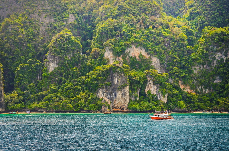 thailand, boats, 1080P, land, maya bay, ocean, beach life, scenics - nature, nautical vessel, transportation, rock, nature, non-urban scene, water, mode of transportation