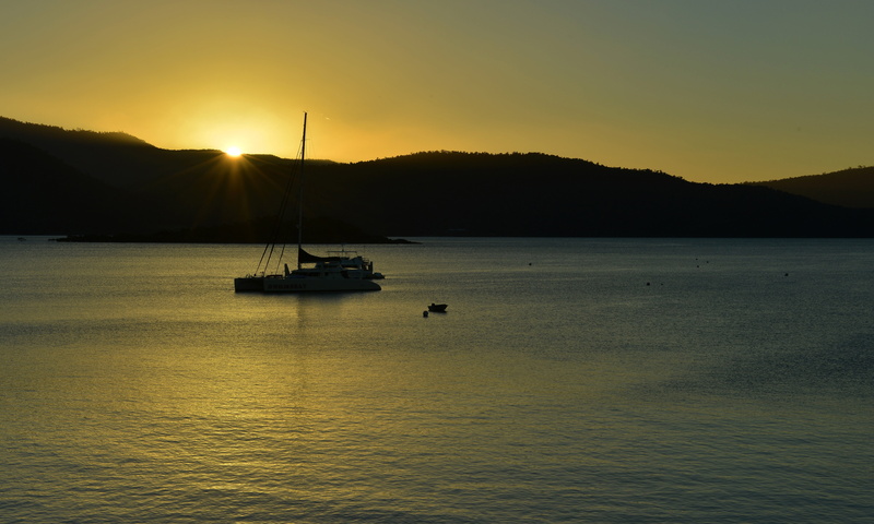 passenger craft, airlie beach, travel, mountain, tranquility, sea, nautical Vessel, land, transportation, sun, great barrier reef, australia, silhouette