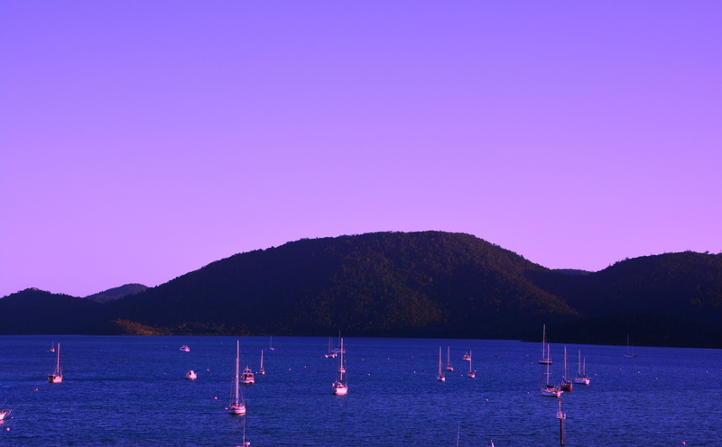 nature, idyllic, yacht, purple, tranquil scene, transportation, clear sky, white, Oceania, Australia, sea, mountain range, scenics - nature, nautical vessel