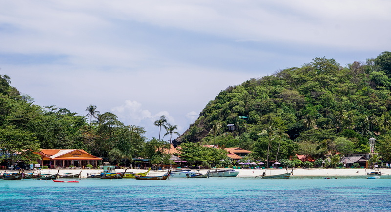 tourism, Koh Phi Phi, colorful boats, outdoors, water, sea, no people, mountain, asia, 5K, landscape, andaman, outdoor, sky, seascape, built structure