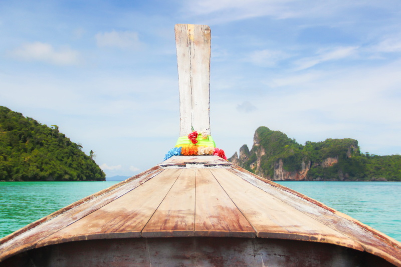 water, travel, tree, longtail boat, nautical vessel, outdoors, sky, transportation, thailand, beauty in nature, plant, 5K, island, wood - material, cloud - sky