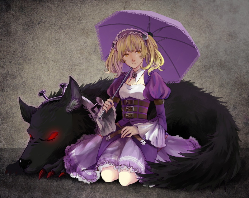 dresser, unlight, umbrella, haired, female, 1700x1351, black, sheri, white, purple, anime girls, 720P, wearing, wolf, girls, blond, anime