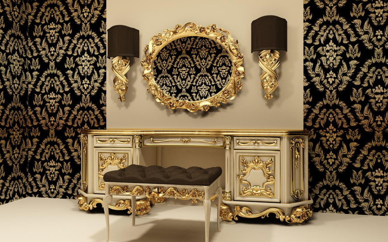 gold, nature and landscapes, mirror, white, room, interior, 1080P, dresser, decoration