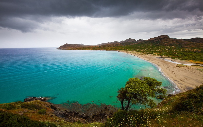 clouds, turquoise colored, landscape, travel, hills, sand, wildflowers, mountain, idyllic, bay, Corsica, land, travel destinations, lagoon, beauty in nature