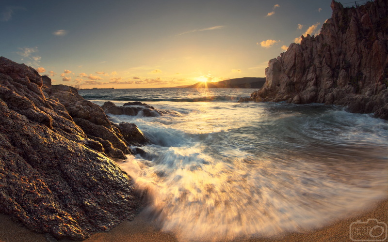Corsica, no people, sea, solid, water, beauty in nature, beach, breaking, rock, landscape, motion, horizon over water, painting, power in nature, sunlight