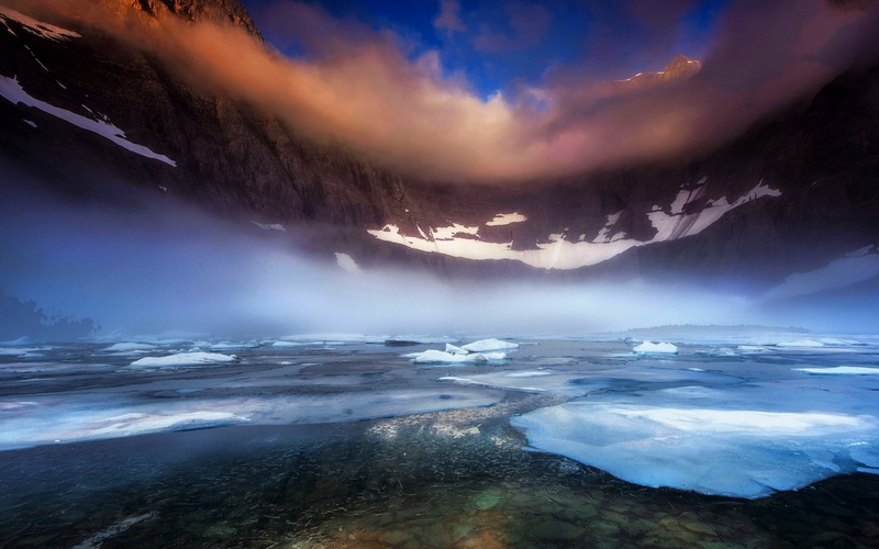 morning, ice, lake, frost, lagoon, mountains, tranquil scene, environment, beauty in nature, travel destinations, clouds, cold temperature, tranquility