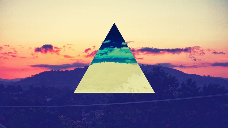 outdoors, pyramid shape, tree, architecture, flag, sky, digital composite, nature, 1080P, shape, geometric shape, mountain, yellow, art and craft, triangle shape